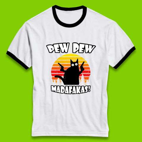 Pew Pew Madafakas Funny Joke Retro Vintage Cat Gun Pistol Kitty Pew Pew Cat Meme Ringer T Shirt