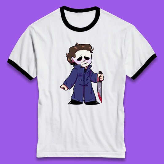 Chibi Michael Myers Holding Bloody Knife Halloween Serial Killer Horror Movie Character Ringer T Shirt