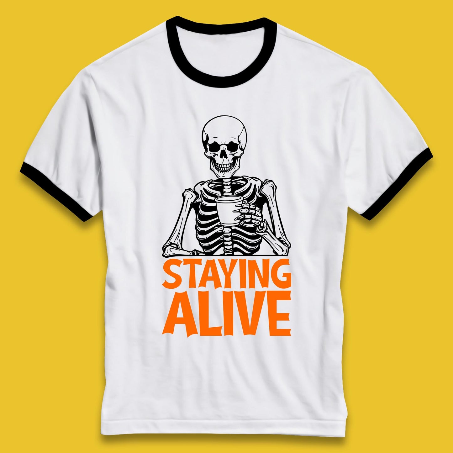 Staying Alive Funny Skeleton Trendy Coffee Halloween Skull Vintage Coffee Lovers Ringer T Shirt