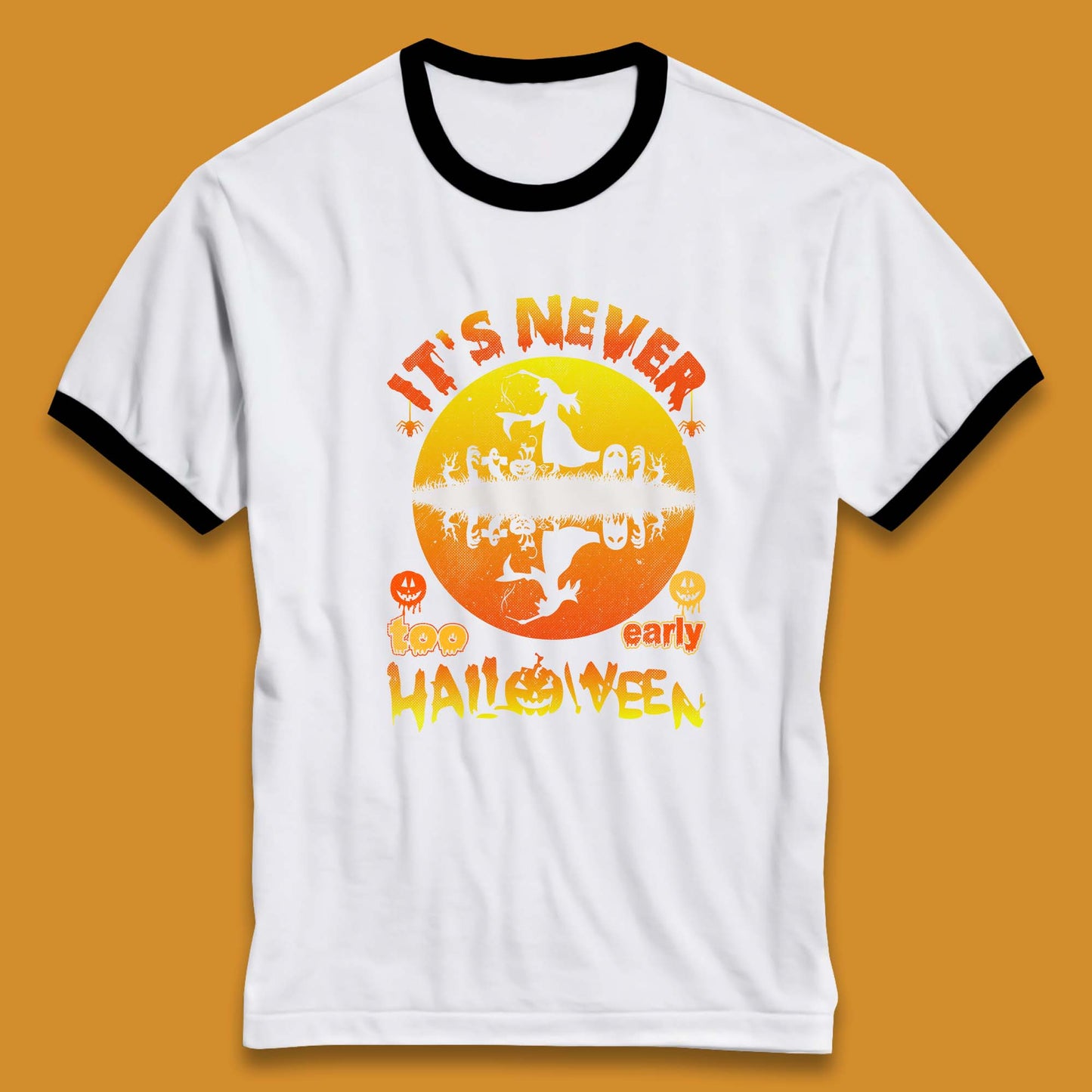 It's Never Too Early Halloween Witch Flying On Broomstick Over Lake Scary Spooky Season Ringer T Shirt