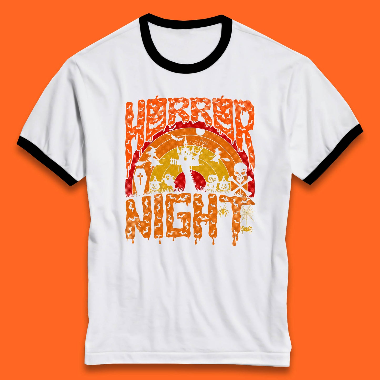 Halloween Horror Night Vintage Rainbow Flying witches Scary Boo Spooky Festive Night Ringer T Shirt
