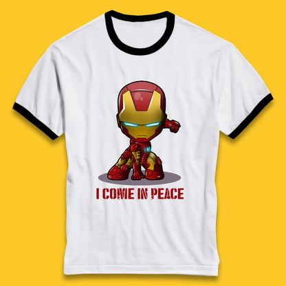 I Come In Peace Marvel Avenger Movie Character Iron Man Superheros Ironman Costume Superheros Ringer T Shirt
