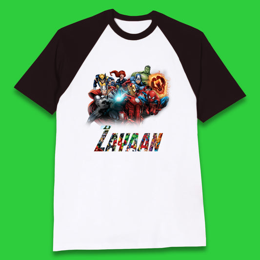 Personalised Marvel Avengers Super Heroes Movie Characters Spider Man, Black Widow, Hulk, Iron Man, Thor, Captain America Avengers Squad Baseball T Shirt