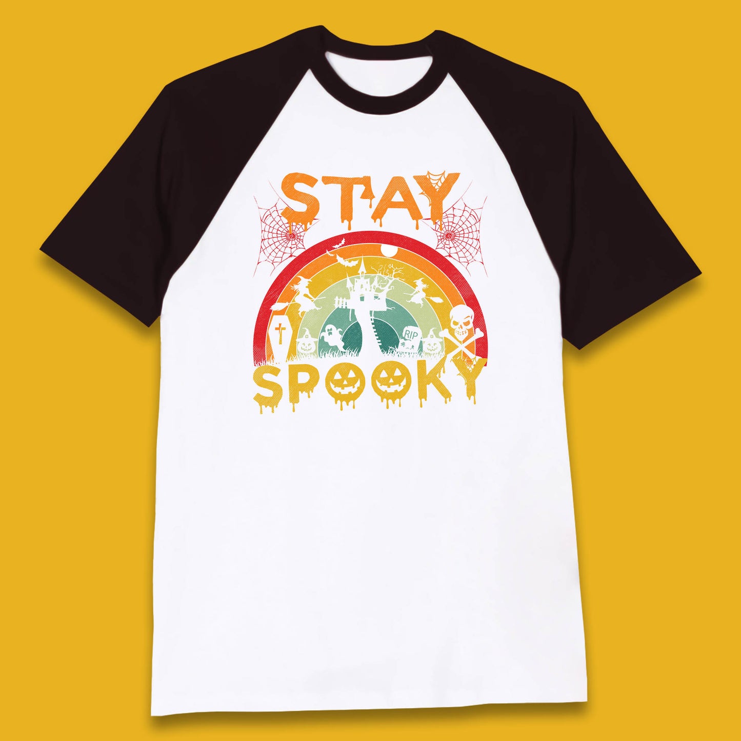 Stay Spooky Vintage Halloween Hunted House Dark Night Full Moon And Flying Bats Baseball T Shirt