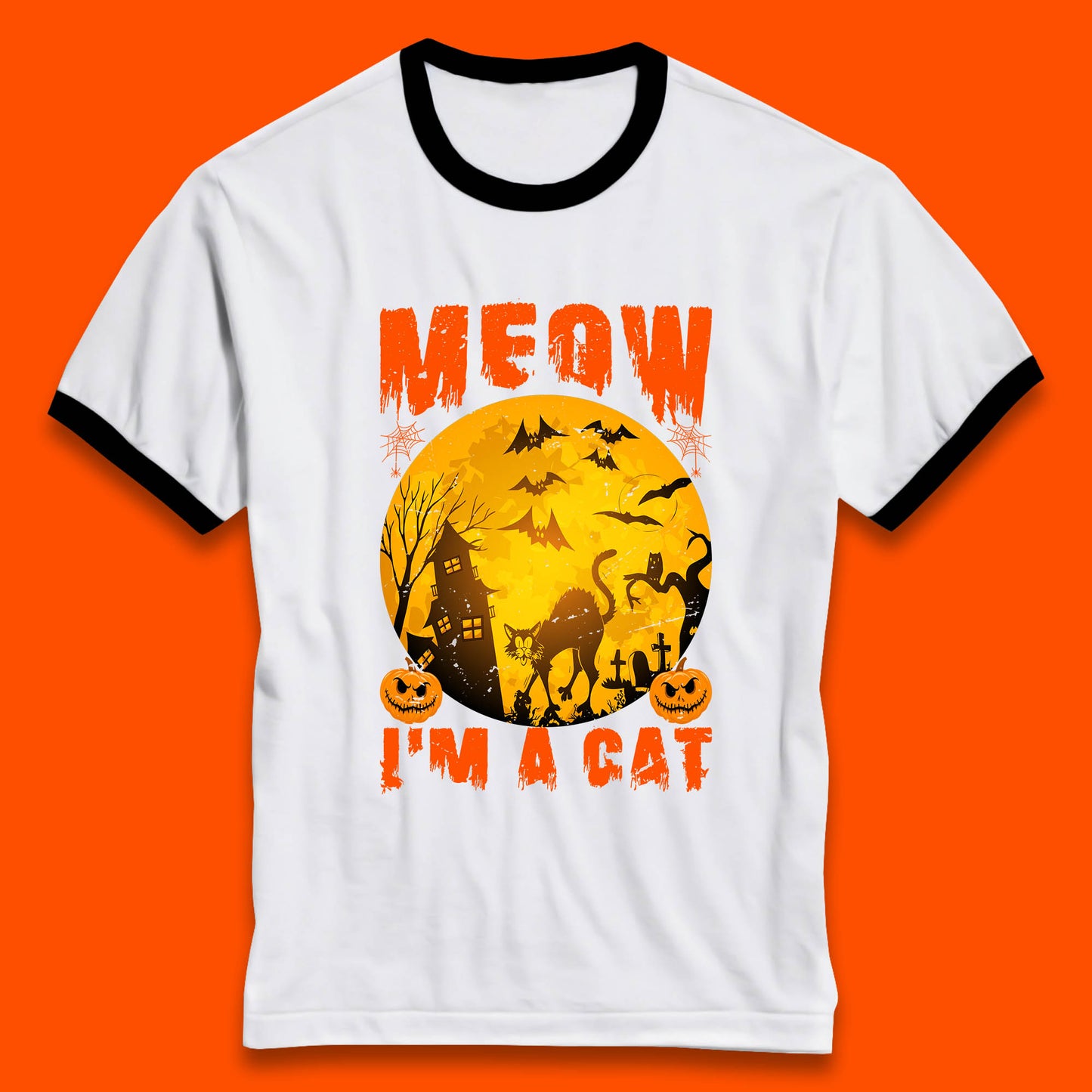 Meow I'm A Cat Halloween Black Cat Horror Scary Haunted House Ringer T Shirt