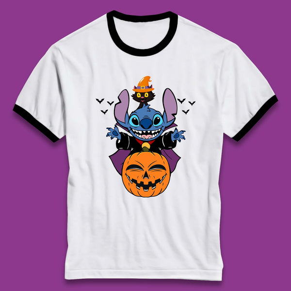 Disney Halloween Pumpkin Devil Stitch With Black Cat Horror Scary Disney Lilo & Stitch Ringer T Shirt