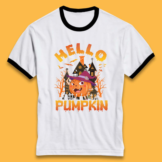 Hello Pumpkin Cartoon Halloween Pumpkin With Witch Hat Devil Smile Haunted Castle Ringer T Shirt