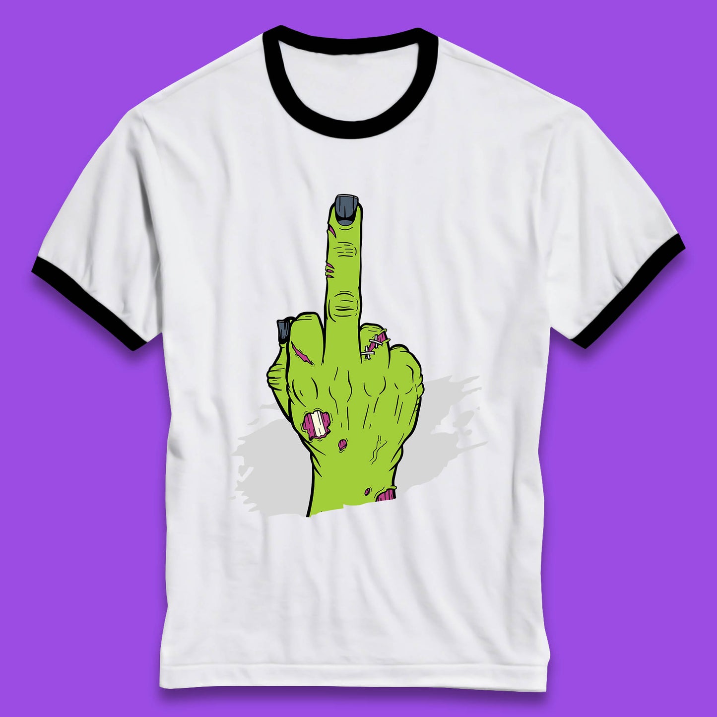 Halloween Green Zombie Hand Showing The Middle Finger Sarcastic Rude Ringer T Shirt