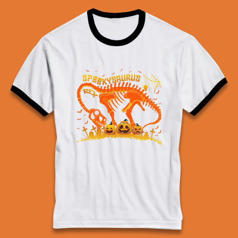 Spooky Saurus Rex Halloween Dinosaur T-Rex Skeleton With Scary Pumpkins Ringer T Shirt