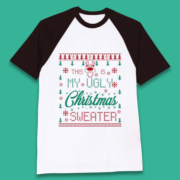 Ugly Christmas Sweater Reindeer Baseball T-Shirt