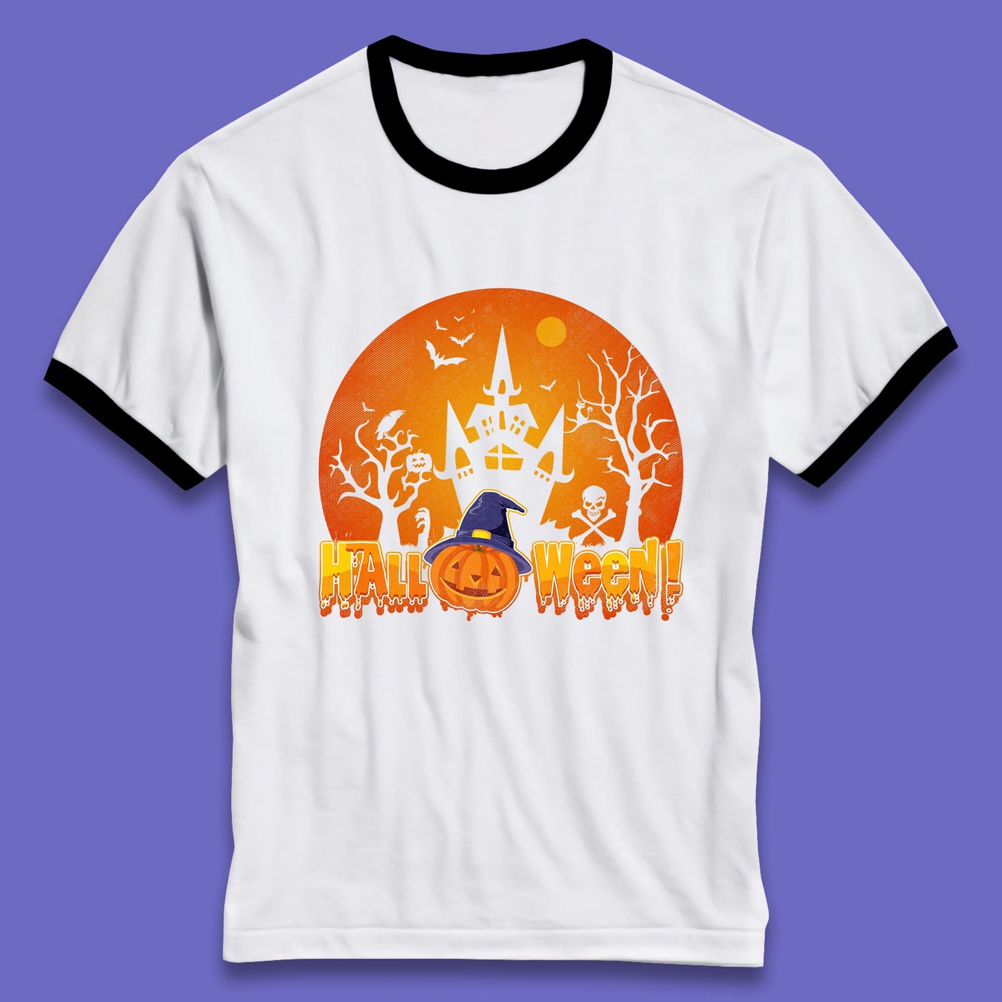 Halloween Pumpkin Witch Hat Haunted Castle Flying Bats Skull Bones Scary Dark Night Ringer T Shirt