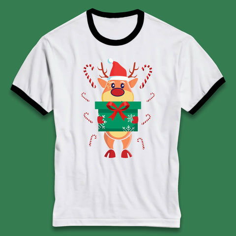 Cute Christmas Santa Reindeer Holding Gift Box Rudolph Xmas Candy Cane Ringer T Shirt