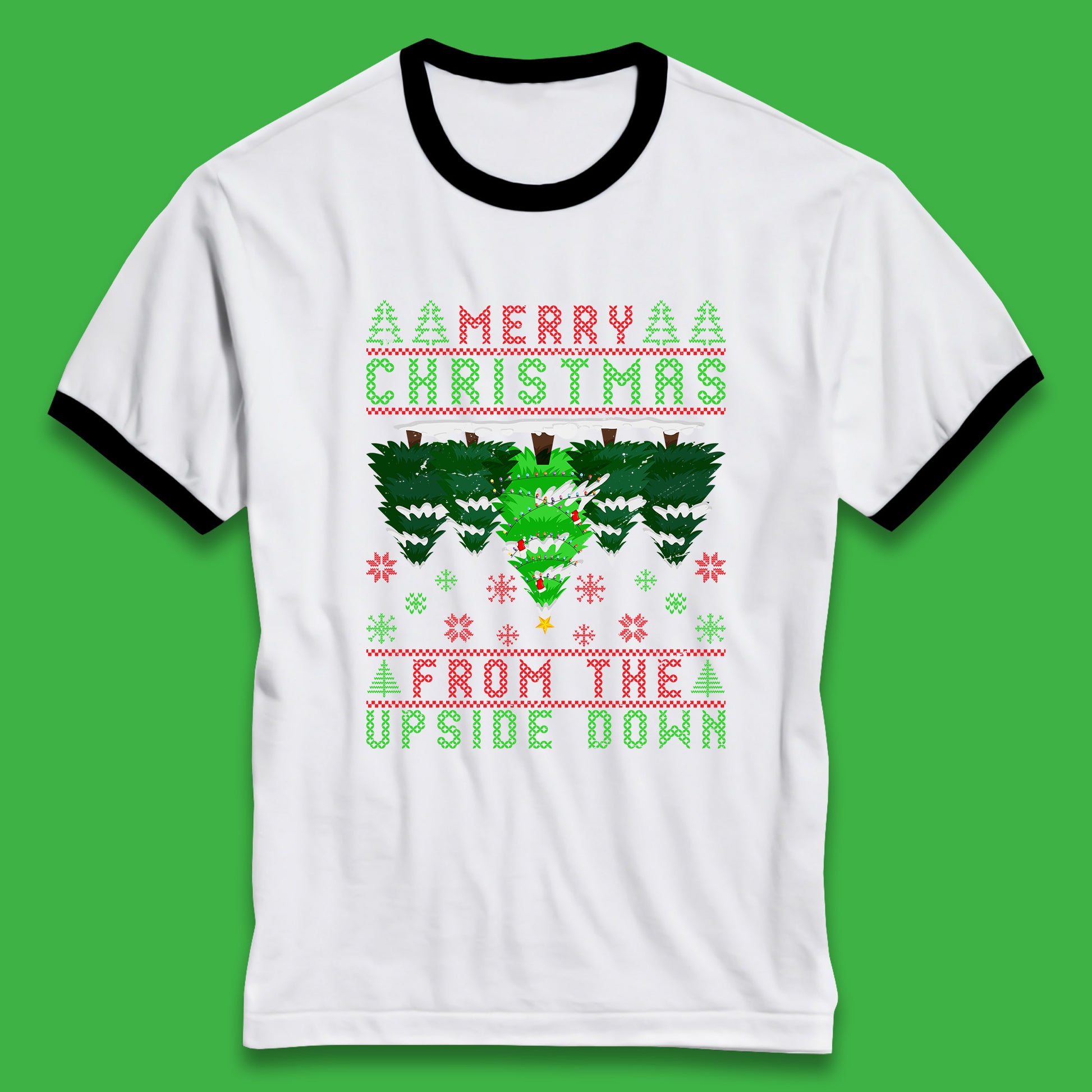 merry christmas from the upside down tree ringer t shirt