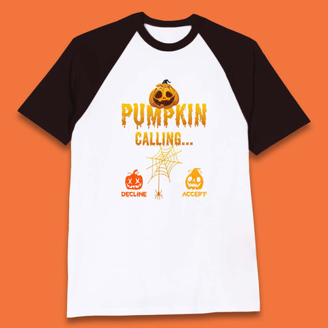 Halloween Pumpkin Calling Accept Decline Funny Jack O Lantern Horror Scary Phone Call Baseball T Shirt