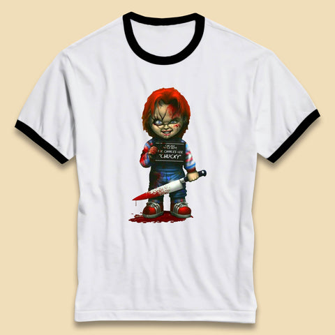 Chucky Mug Shot Chicago Police Dept Ray Charles Lee Chucky Halloween Horror Movie Ringer T Shirt