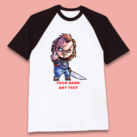 Personalised Chucky With Knife Your Name Or Text Halloween Horror Movie Character Baseball T Shirt
