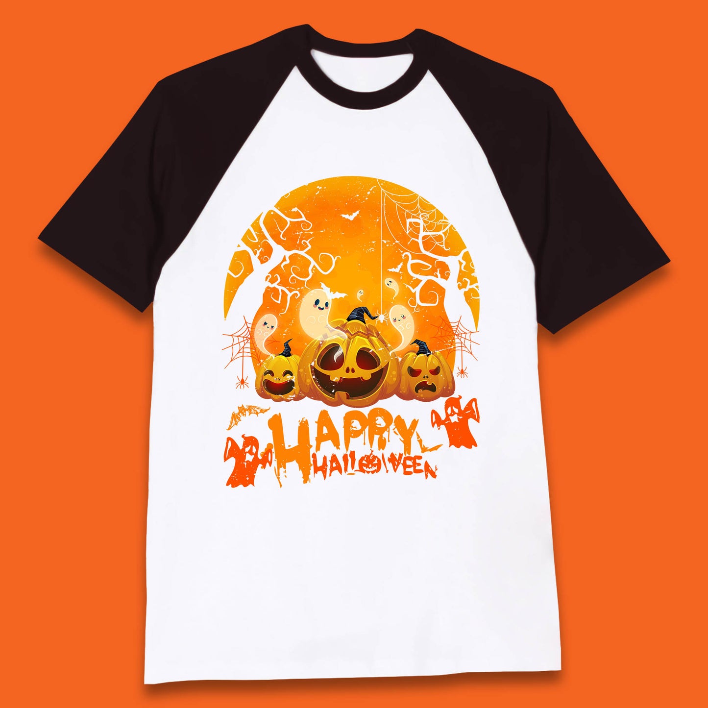 Happy Halloween Jack O Lantern Pumpkins Scary Boo Ghost Haunted Trees Baseball T Shirt