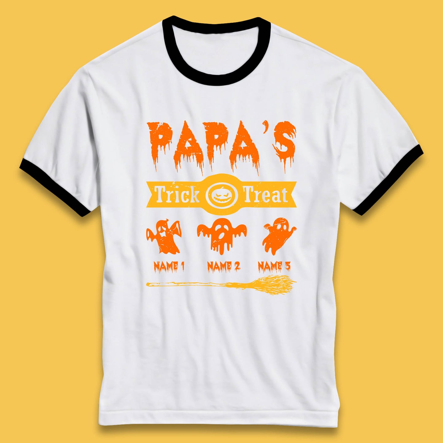 Personalised Papa's Trick Or Treat Halloween Custom Your Boo Ghost Children Names Scary Spooky Costume Ringer T Shirt