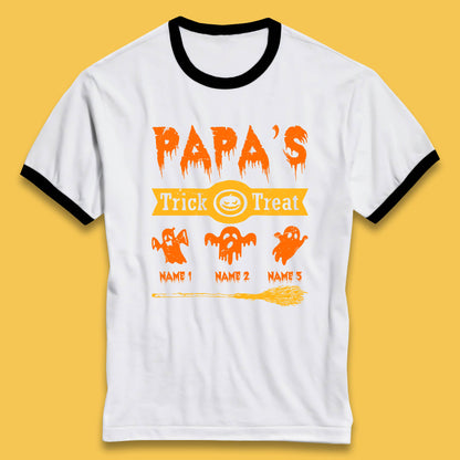 Personalised Papa's Trick Or Treat Halloween Custom Your Boo Ghost Children Names Scary Spooky Costume Ringer T Shirt