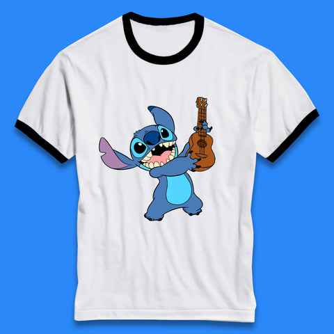 Disney Ohana Playing The Guitar Ohana Lilo & Stitich In Happy Mood Cartoon Character Disney World Ringer T Shirt