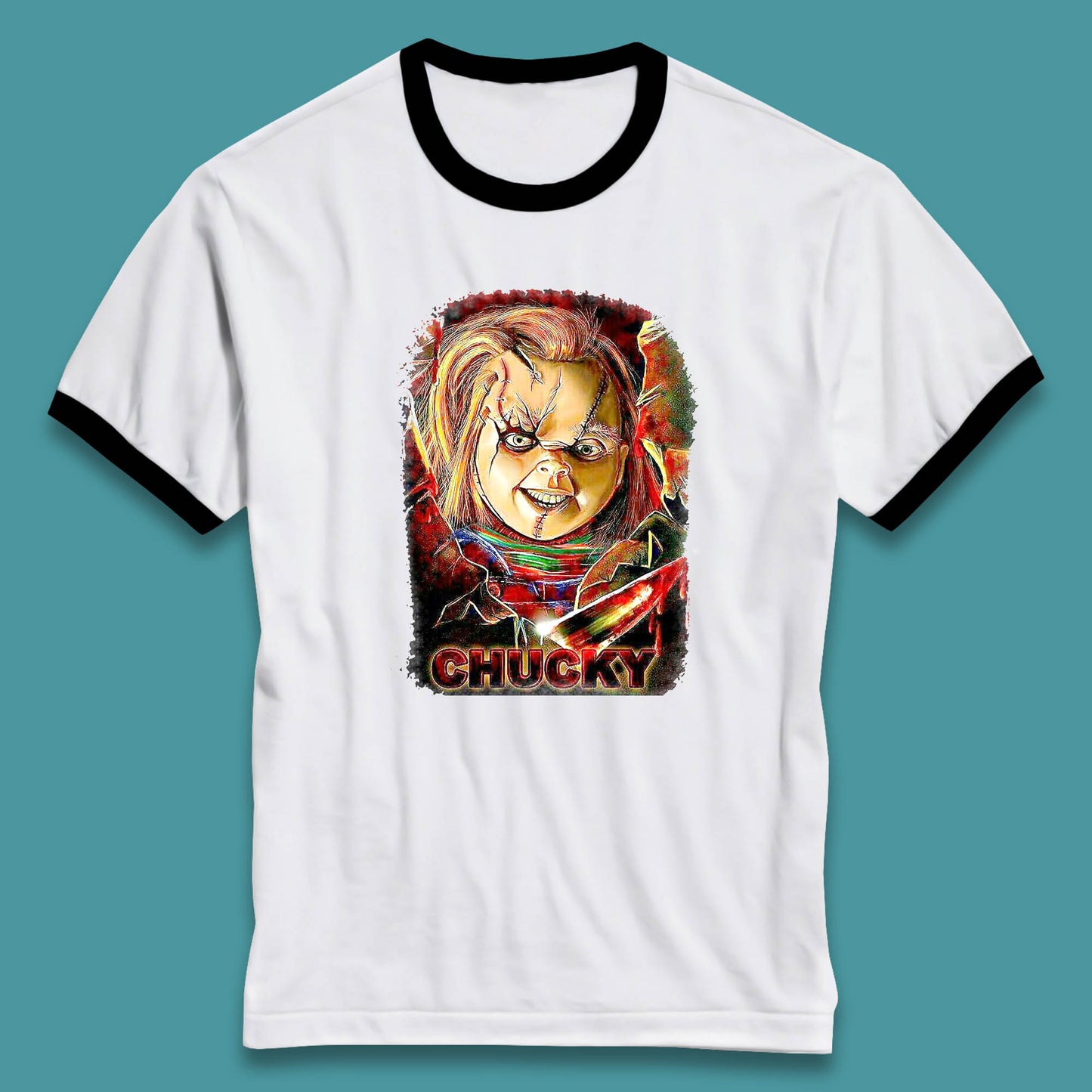 Chucky Distressed Childs Play Horror Monster Creepy Doll Toy Scary Halloween Scary Movie Character Ringer T Shirt