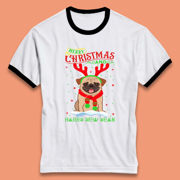 Merry Christmas And Happy New Year Pug Dog Wearing Red Scarf And Antlers Xmas Dog Lovers Ringer T Shirt