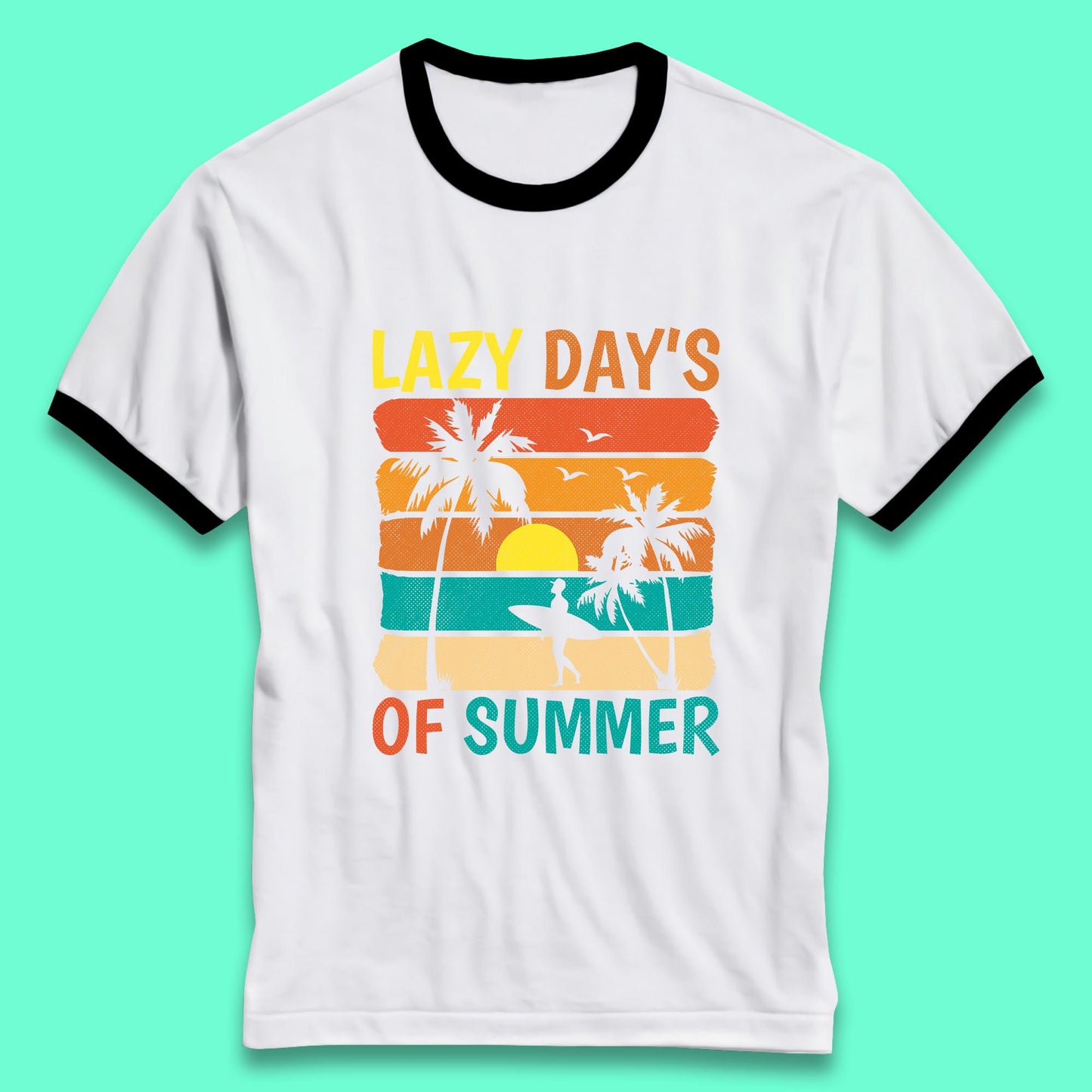 Lazy Days Of Summer Vintage Retro Sunset Surfer Beach Palm Trees Ringer T Shirt