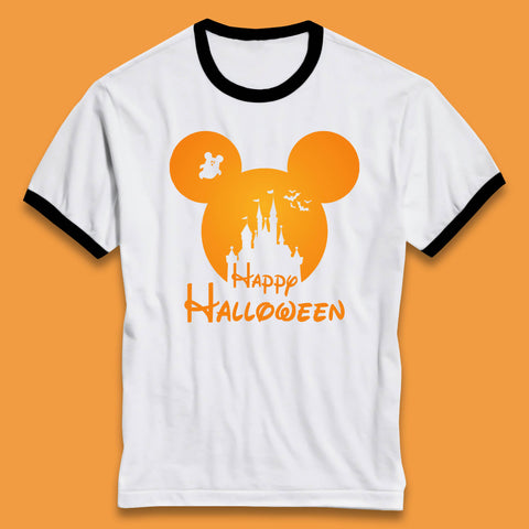 Happy Halloween Mickey Mouse Disney Castle Halloween Scary Boo Flying Bats Ringer T Shirt