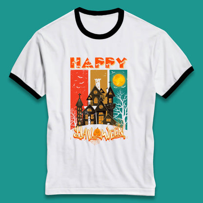Happy Halloween Vintage Style Horror Scary Haunted House Ringer T Shirt