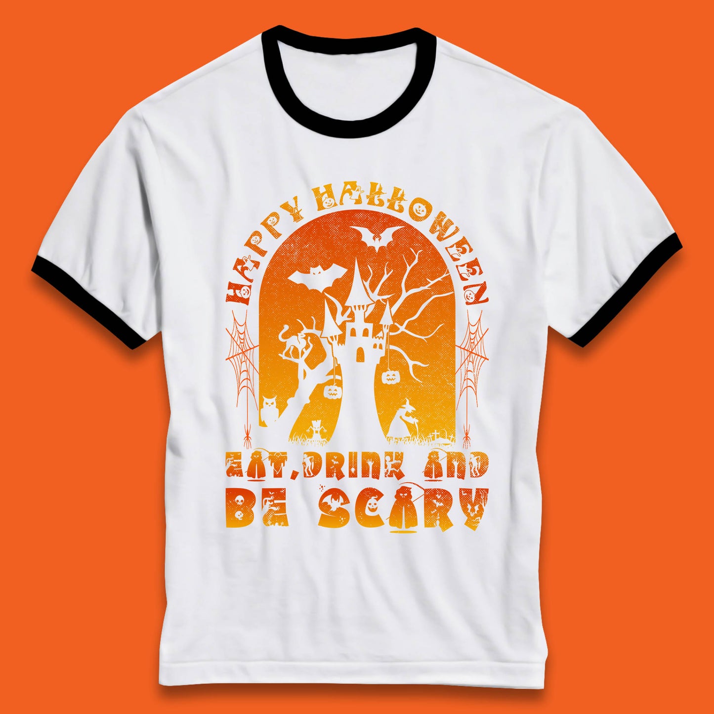 Happy Halloween Eat Drink And Be Scary Spooky Horror Hunted House Festive Gift Ringer T Shirt