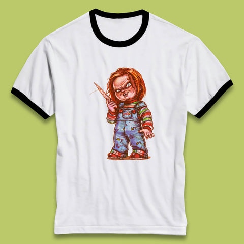 The Horror Movie Character Chucky With Knife Serial Killer Halloween Horror Movie Inspired Chucky Ringer T Shirt