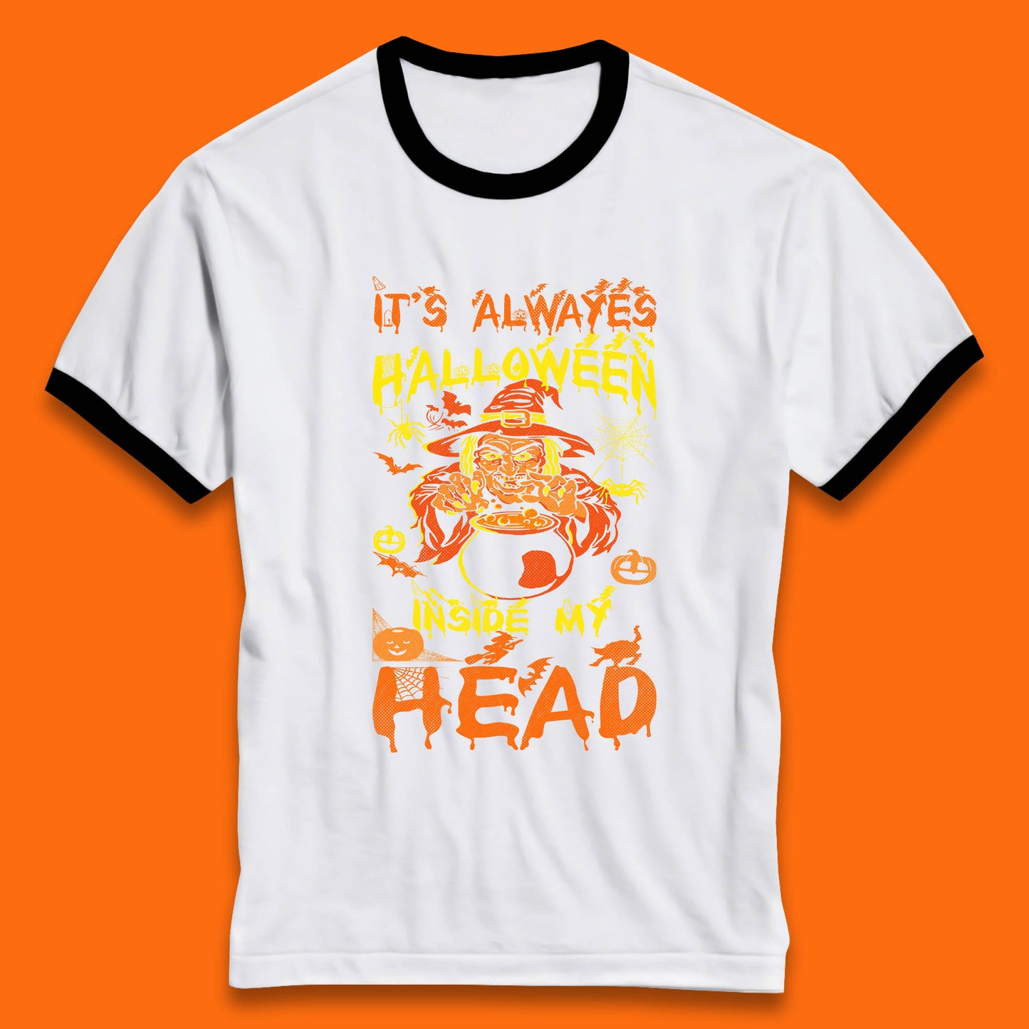 It's Always Halloween Inside My Head Witch Cooking A Magic Potion In The Cauldron (Stew Pot) Halloween Ringer T Shirt