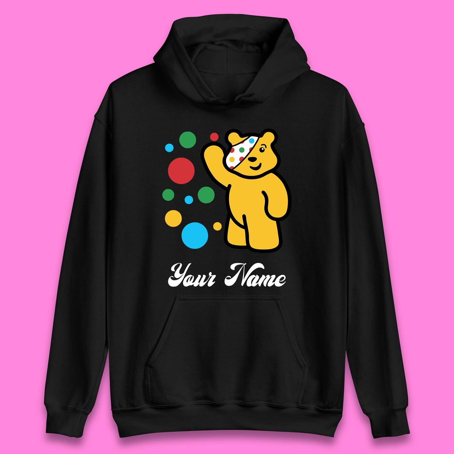 Personalised Spotty Pudsey Bear Hand Waving Dotty Spot Your Name Fundraising Spotty Bear Spotty Day Unisex Hoodie