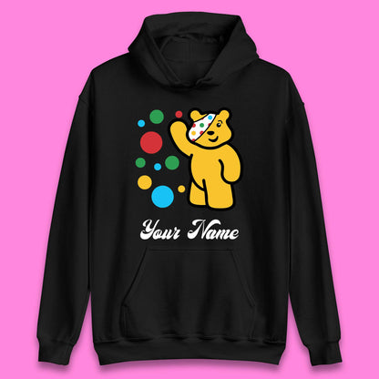 Personalised Spotty Pudsey Bear Hand Waving Dotty Spot Your Name Fundraising Spotty Bear Spotty Day Unisex Hoodie