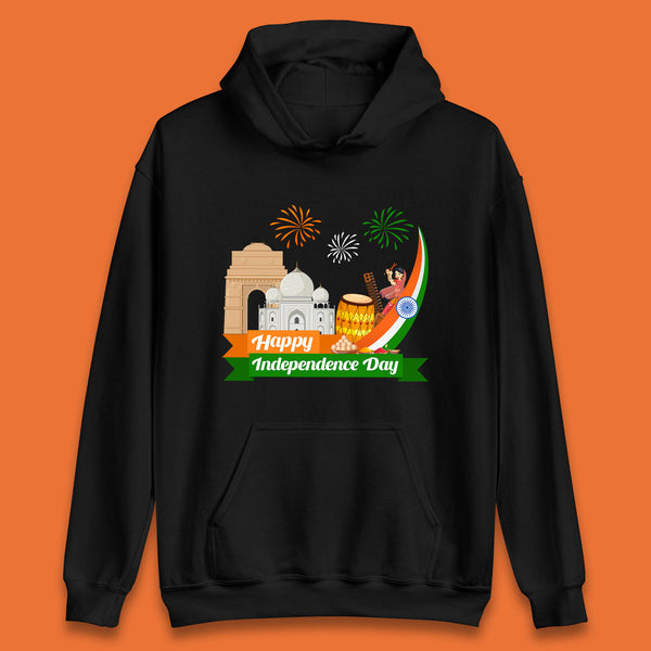 Happy India Independence Day 15th August Patriotic Indian Flag India Architectural Landmarks Unisex Hoodie