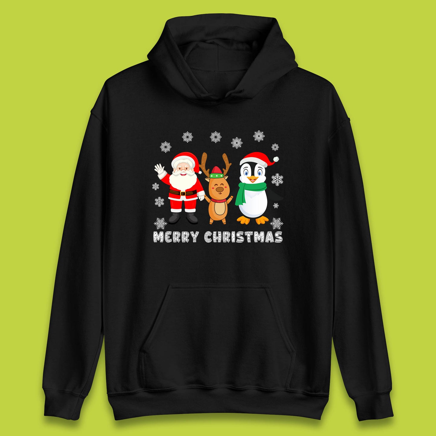 merry christmas penguin santa claus and reindeer hoodie