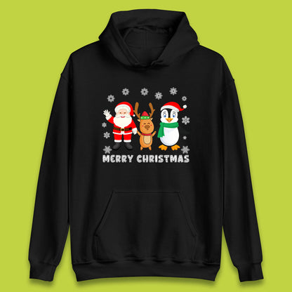 merry christmas penguin santa claus and reindeer hoodie