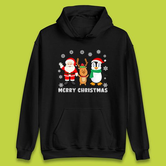 merry christmas penguin santa claus and reindeer hoodie