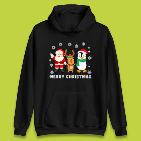 Merry Christmas Penguin, Santa Claus And Reindeer Xmas Unisex Hoodie
