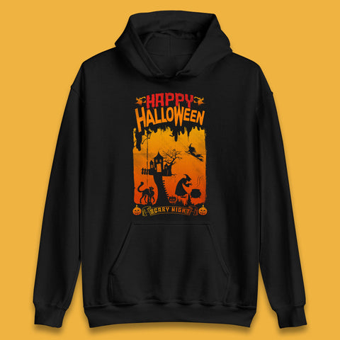 Happy Halloween Horror Hunted House Flying Witch Scary Spooky Night Unisex Hoodie