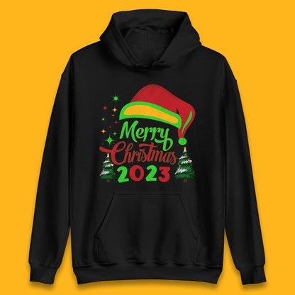 Merry Christmas 2023 Elf Hat Christmas Trees Xmas Gift Unisex Hoodie