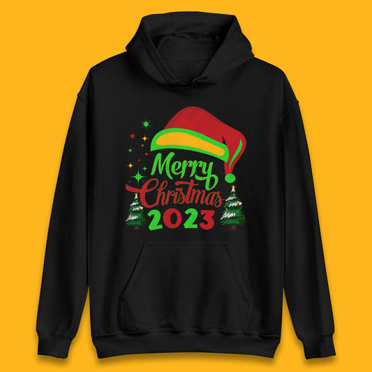 Merry Christmas 2023 Elf Hat Christmas Trees Xmas Gift Unisex Hoodie