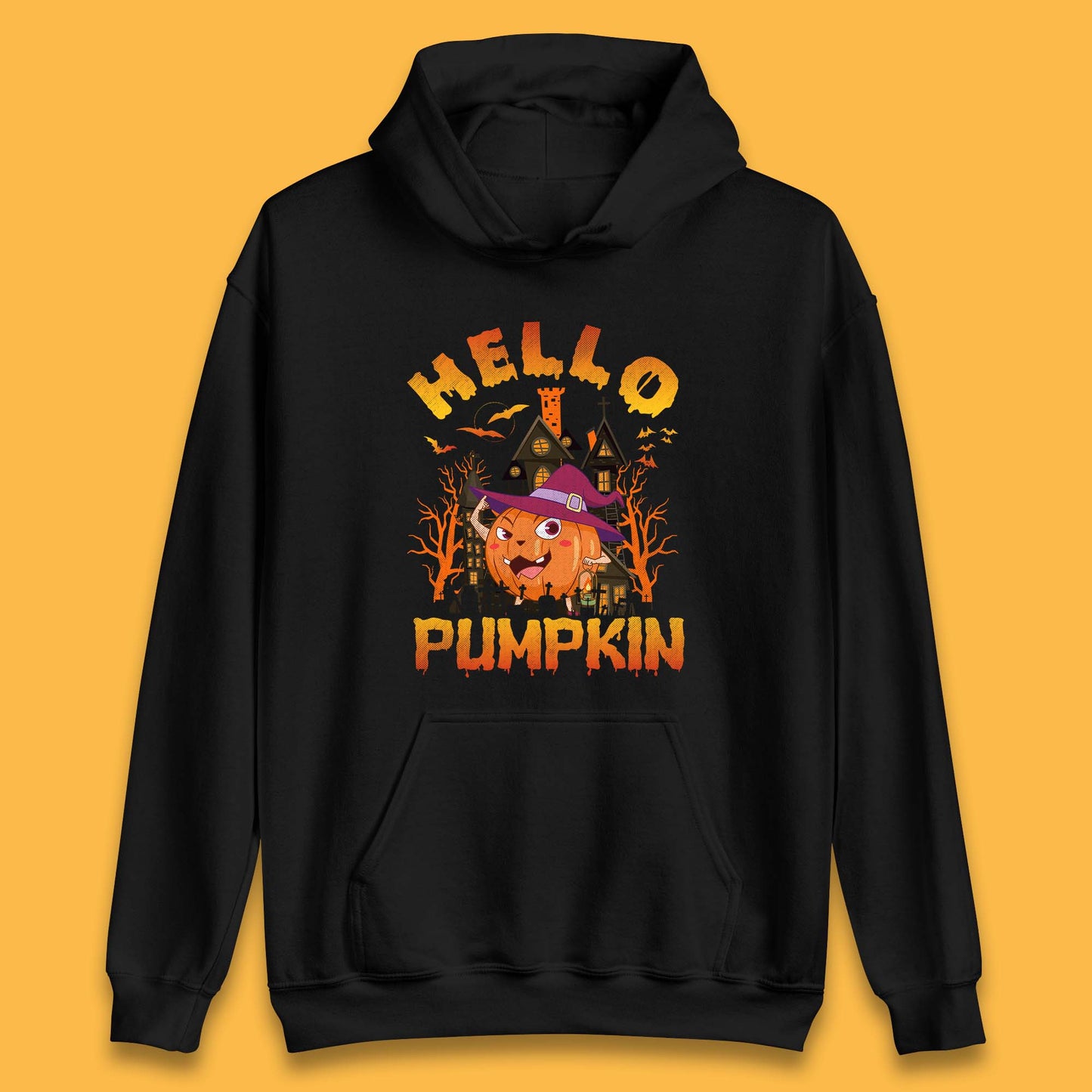 Hello Pumpkin Cartoon Halloween Pumpkin With Witch Hat Devil Smile Haunted Castle Unisex Hoodie