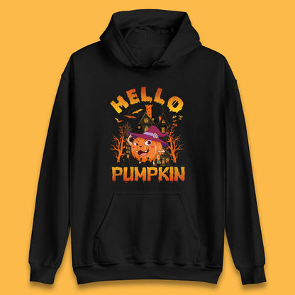 Hello Pumpkin Cartoon Halloween Pumpkin With Witch Hat Devil Smile Haunted Castle Unisex Hoodie
