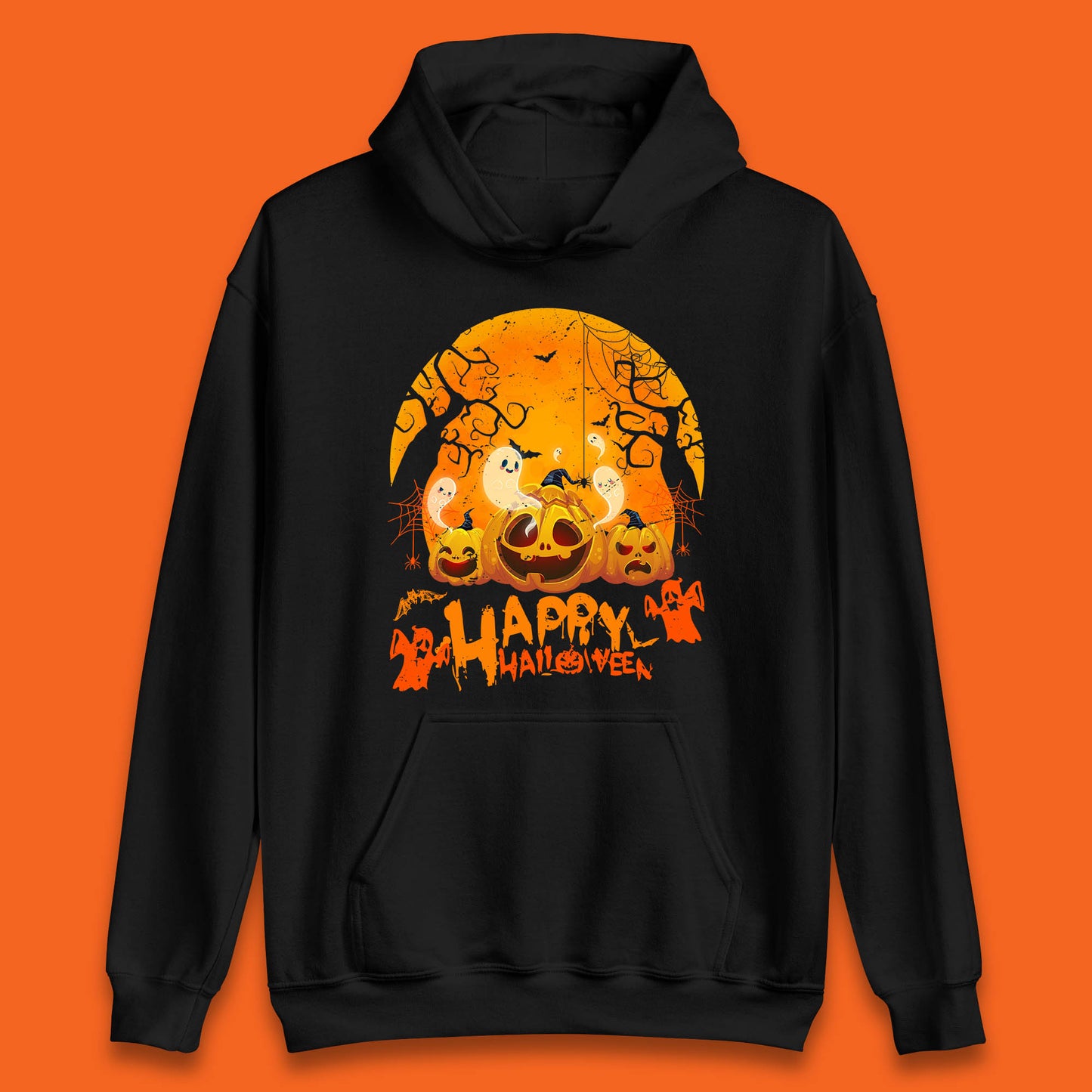 Happy Halloween Jack O Lantern Pumpkins Scary Boo Ghost Haunted Trees Unisex Hoodie