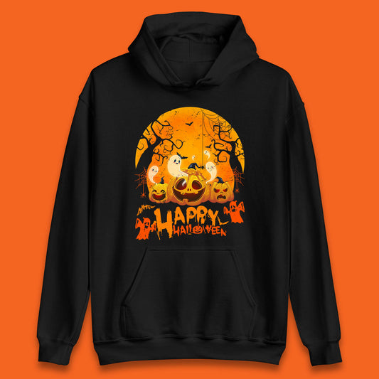 Happy Halloween Jack O Lantern Pumpkins Scary Boo Ghost Haunted Trees Unisex Hoodie