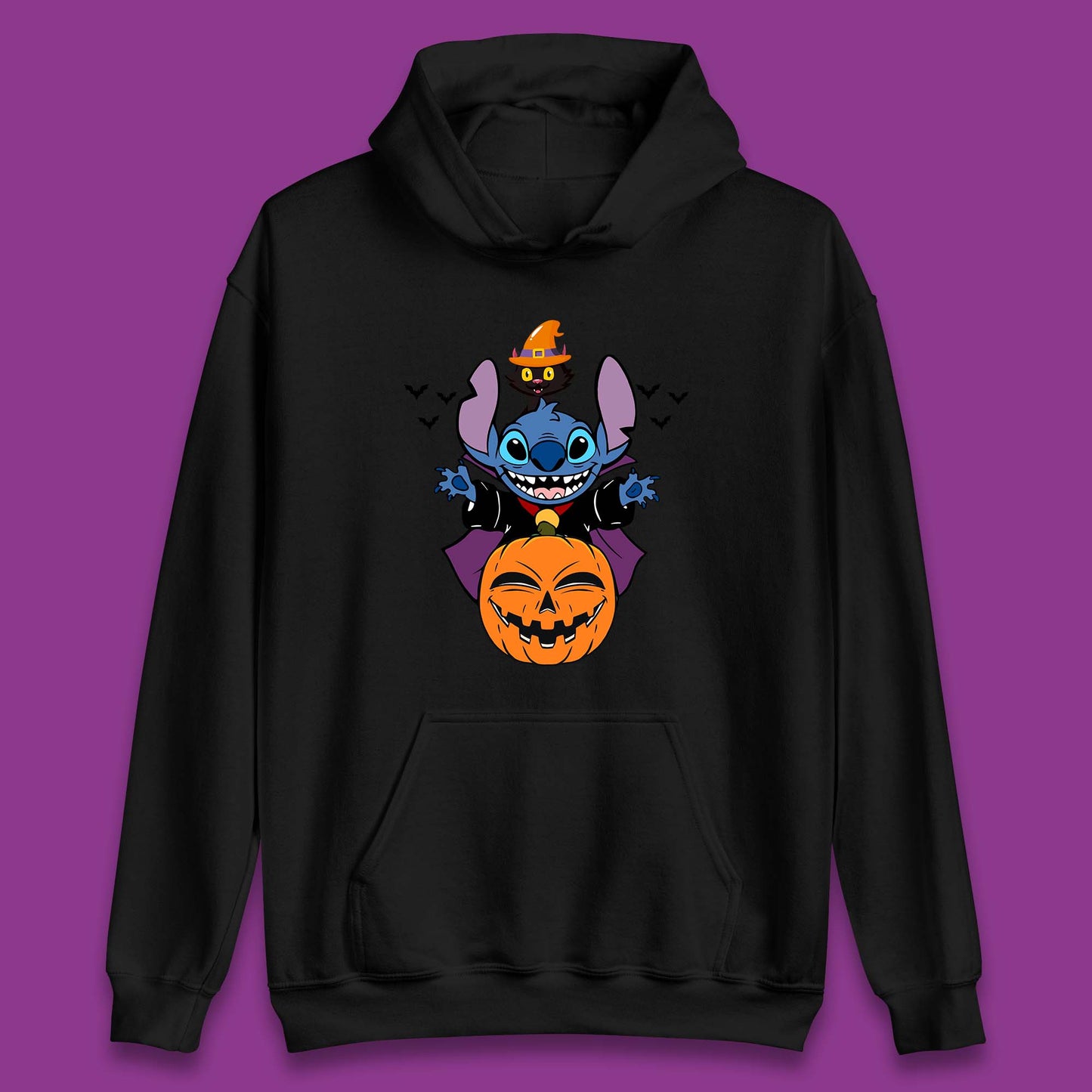 Disney Halloween Pumpkin Devil Stitch With Black Cat Horror Scary Disney Lilo & Stitch Unisex Hoodie