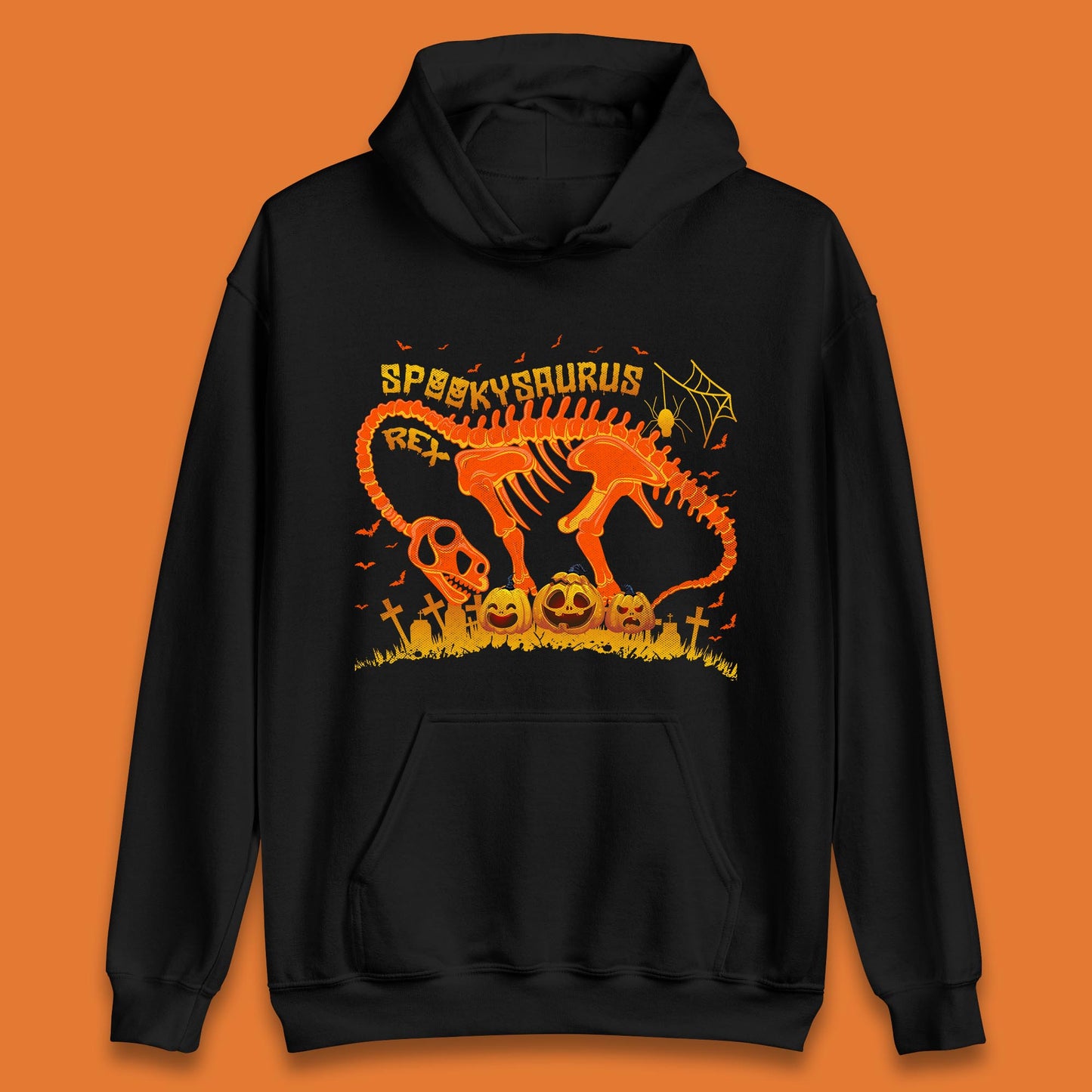 Spooky Saurus Rex Halloween Dinosaur T-Rex Skeleton With Scary Pumpkins Unisex Hoodie