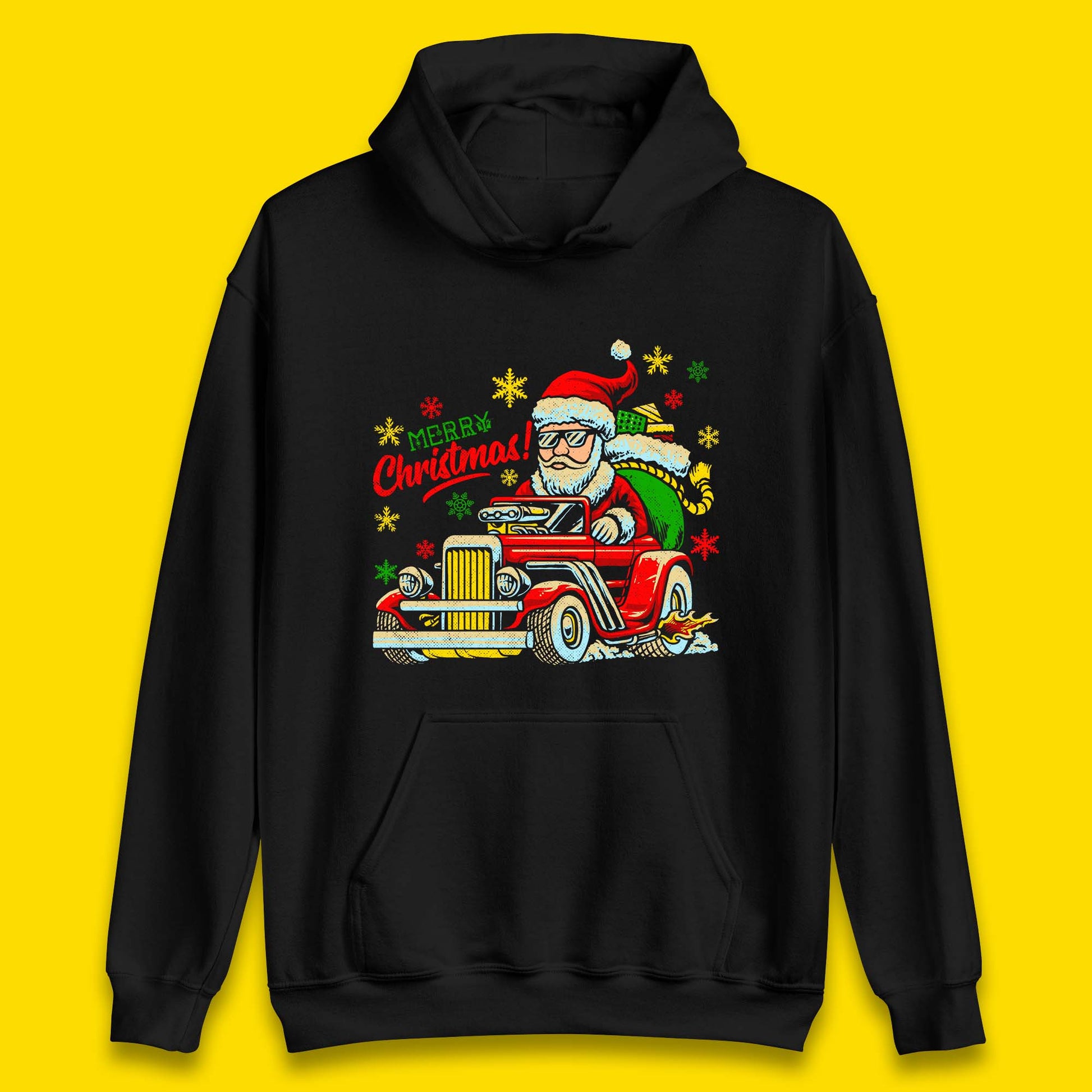 santa drives a hot rod car hoodie