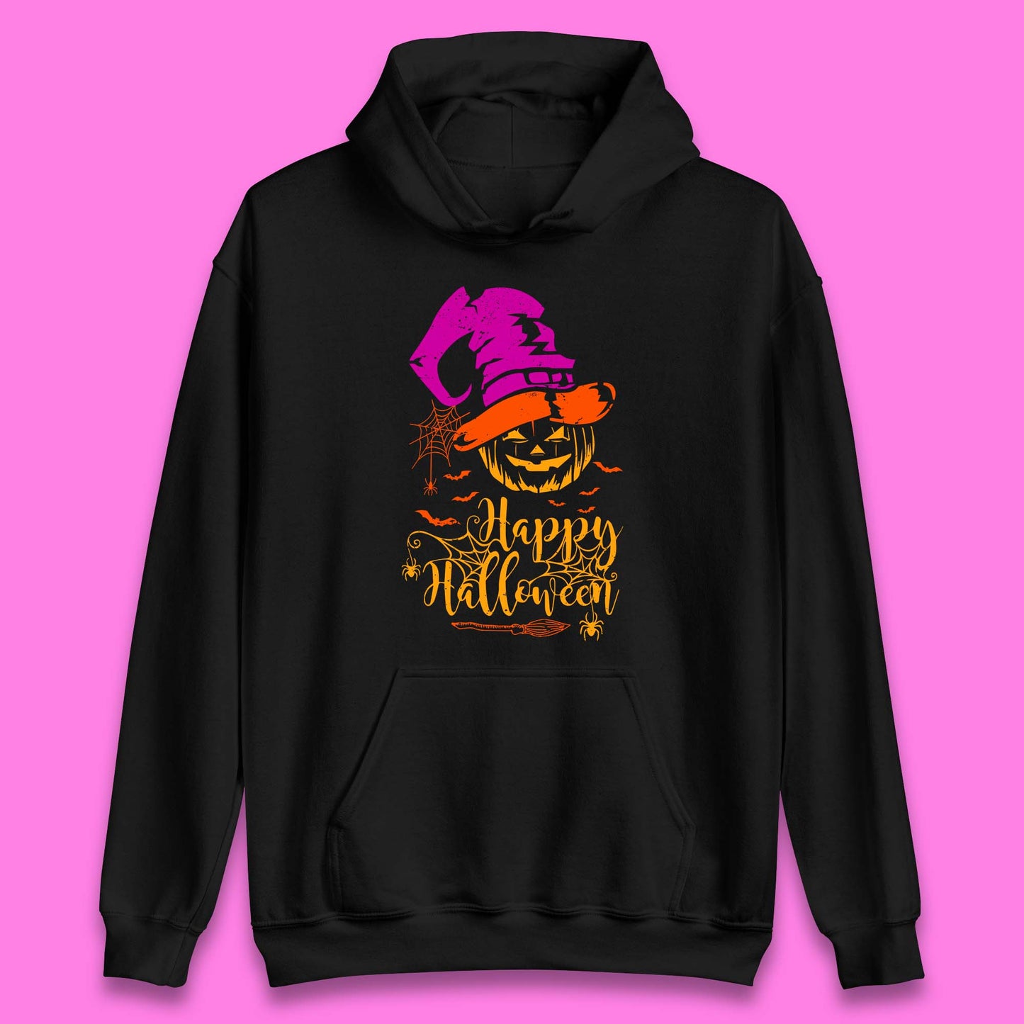 Happy Halloween Witch Hat Pumpkin Horror Scary Jack-o-lantern Flying Bats Unisex Hoodie